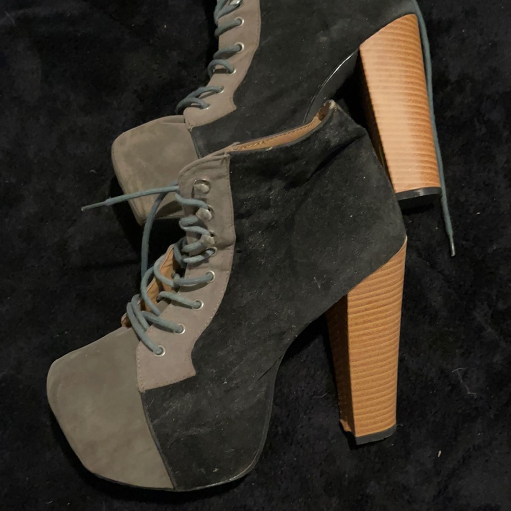 Black and gray platform lace heels
